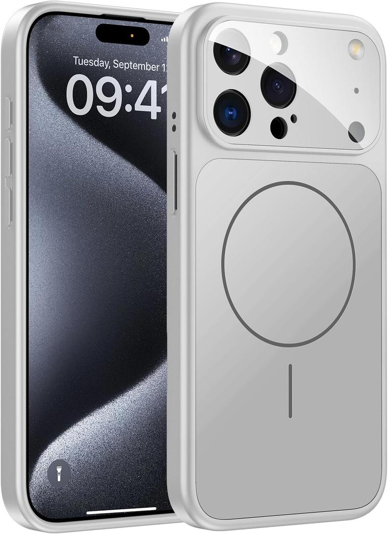 TOBOVON for iPhone 15 Pro Case with Camera Lens Protector, Compatible with MagSafe, Slim Matte Magnetic Shockproof Phone Cover for iPhone15 Pro, Silver