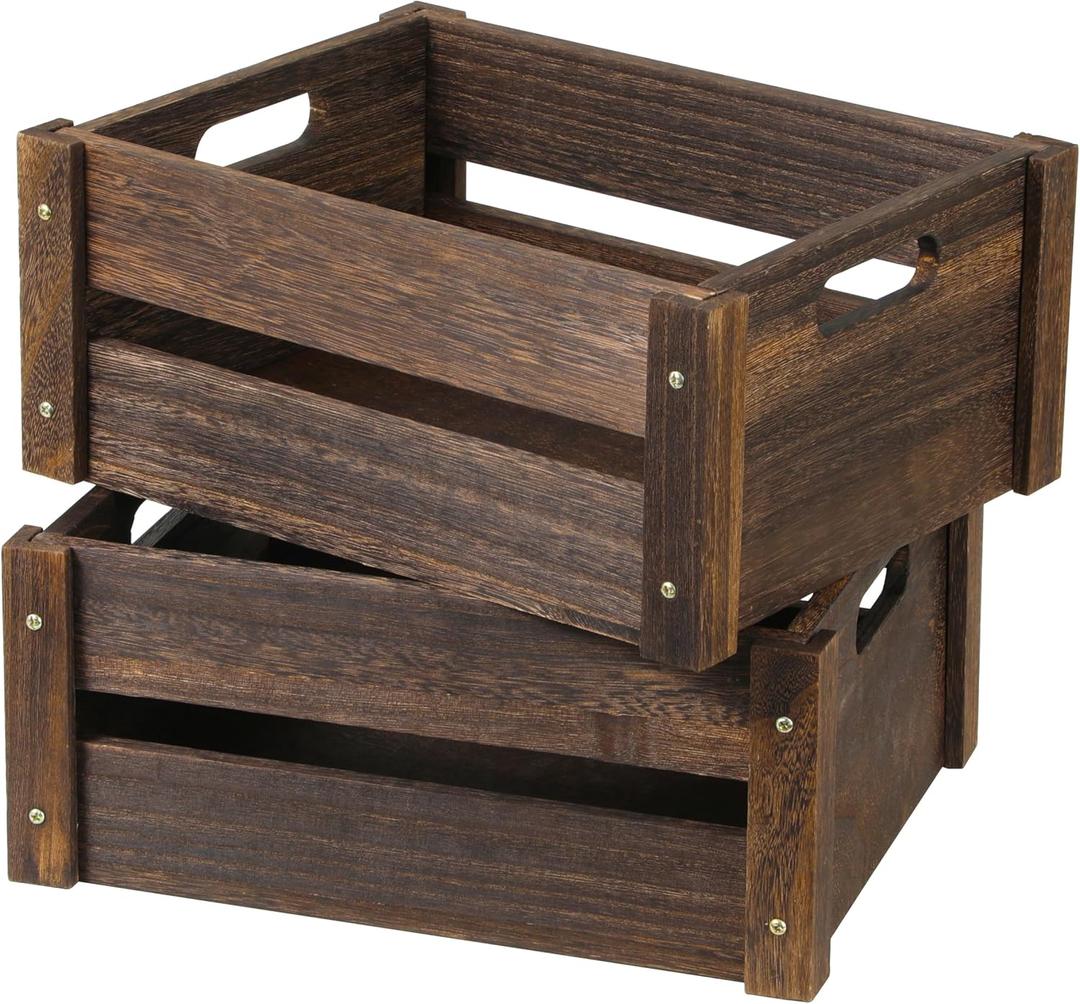 Wooden Crates 2 Pack, Rustic Handmade Wood Crate with Handles, Durable Medium Wooden Crates for Display & Decor, Brown (13.8"x10.8"x5.9")