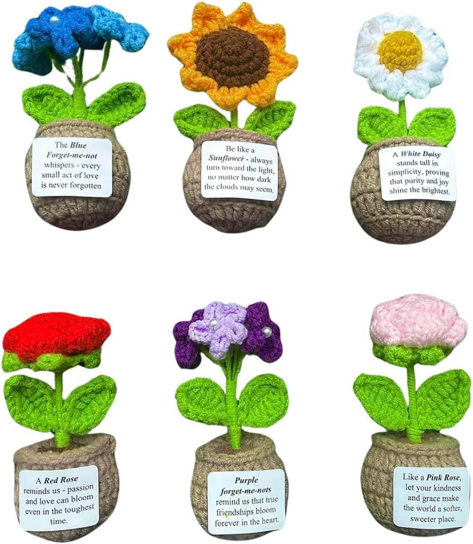 Handmade Crochet Flower with Support Card for Inspirational Gift with Encouragement Card for Office, Desk Decor or Home Decoration (Set of 6)