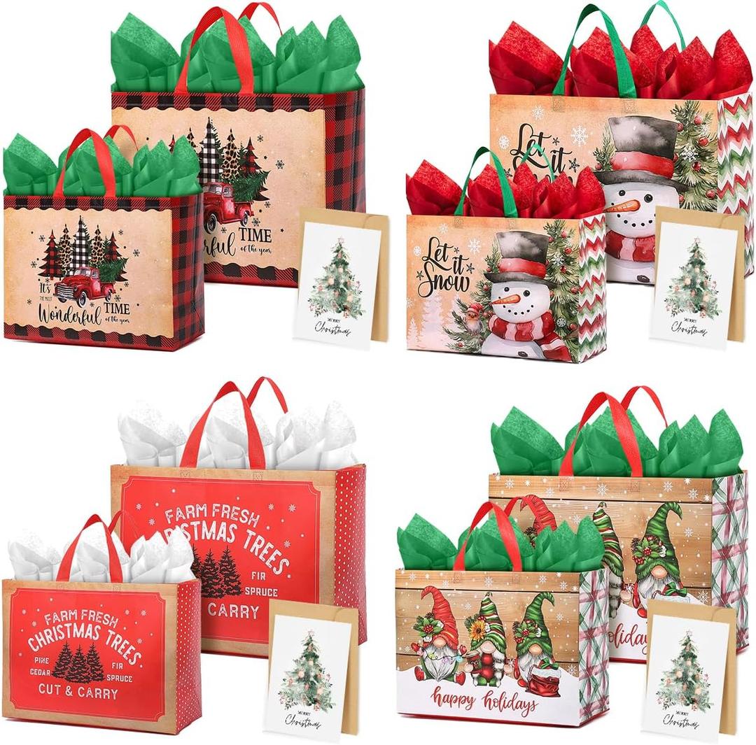 YOPPIX 8 Pack Large Christmas Gift Bag, Christmas Gift Wrapping Kit, Reusable Christmas Tote Bags, Non-Woven Shopping Bags for Xmas Gifts Wrapping Holiday Party Supplies