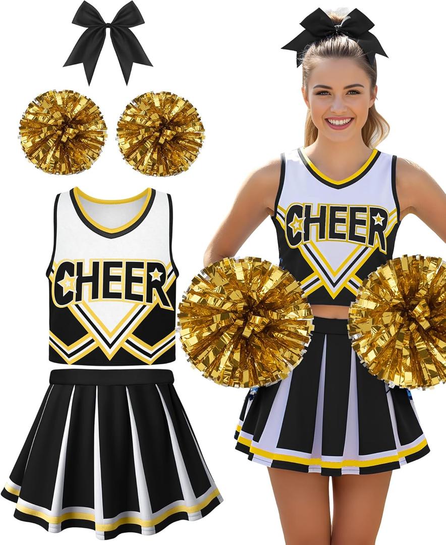 JenPen Women's Cheerleader Costume Halloween High School Cheerleading Outfit Musical Cheer Uniform Hair Bow Pom Pom (Large, Black)