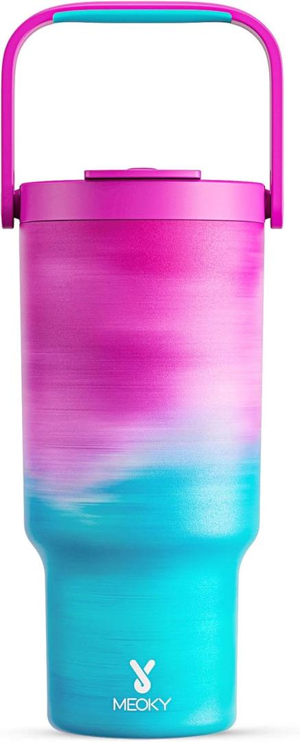 Meoky 32 oz Tumbler with Handle, Tumbler with Lid and Straw, Stainless Steel Travel Mug, 100% Leak Proof, Keeps Cold for 24 Hours, Fits in Car Cup Holder (Marshmallow)