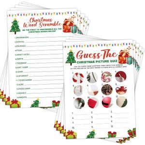 Christmas Picture Quiz Game and Holiday Word Scramble, Party Favors Supplies, Christmas Games Card for Home, Office, Xmas Festival Activity, 30 Dual Sided Game Cards and 1 Answer Card,1
