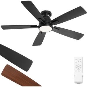 46 Inch Ceiling Fans with Lights and Remote,Modern Indoor Low Profile Ceiling Fan with 3CCT 6-Speeds Quiet DC Motor,Outdoor Flush Mount Ceiling Fan For Bedroom Living Room(Black)