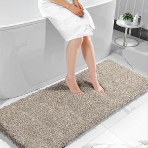 Yimobra Luxury Bathroom Rugs, Fluffy Bath Mats, Non Slip, Water Absorbent Microfiber, Machine Washable, Plush Runner Shower Rugs, Thick Matts for Bathroom Floor&Tub, 70"x 24", Light Brown and White