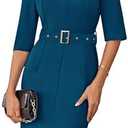 GRACE KARIN Women's Work Dress 3/4 Sleeve V Neck Bodycon Sheath Dress Zipper Up Office Business Dresses with Belt, XL
