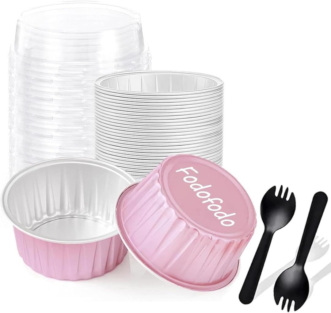 25PCS Round Mini Loaf Pans with Lids,Mini Cake Pans with Lids,Disposable Ramekins Baking Cups Muffin Tins Cupcake Cups for Birthday Party Wedding,5oz (Pink)