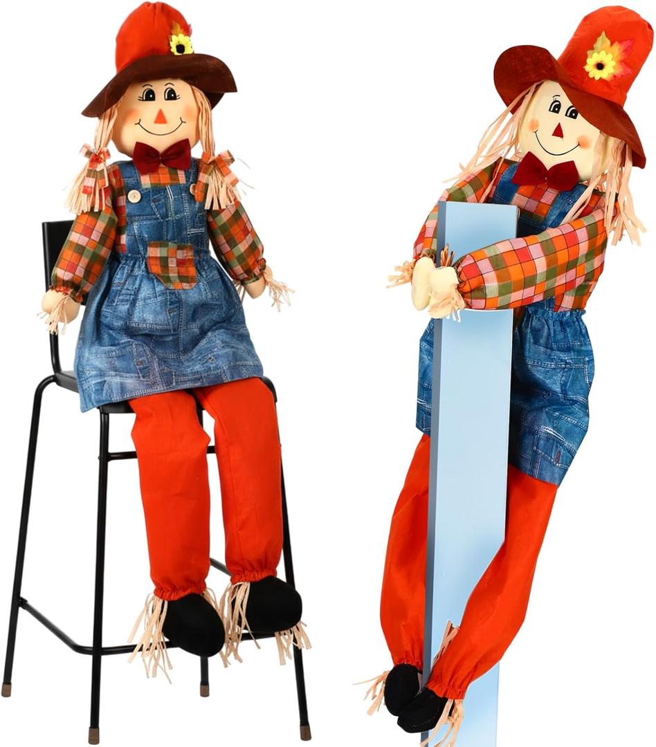 Marsui 1 Pcs Life Size Scarecrow Fall 47 Post Climbing Sitting Large Scarecrow Dolls with Moveable Arms and Legs for Halloween Thanksgiving Harvest Garden Yard Outdoor Decor (Girl)