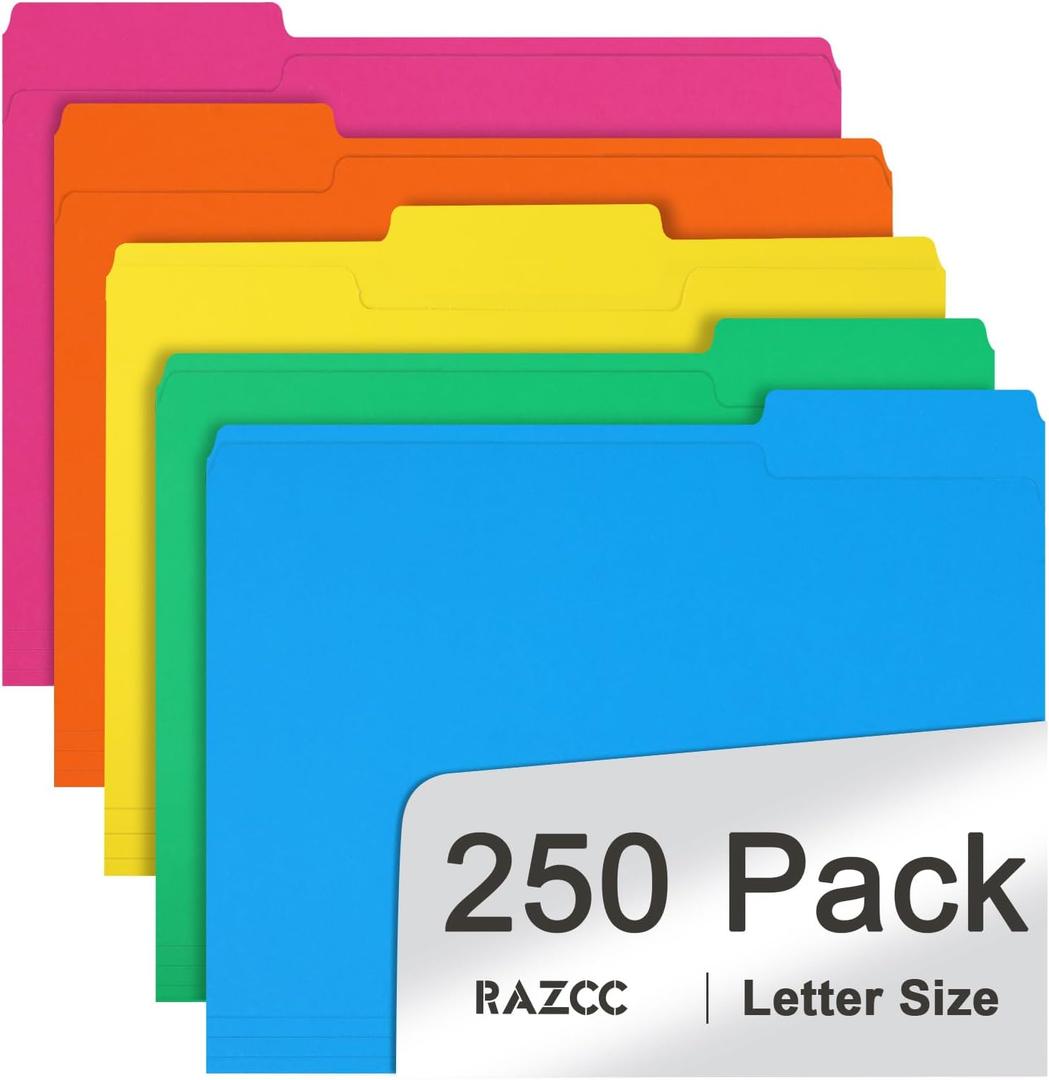 File Folder, RAZCC 250 Pack 1/3 Cut Tab Colored Folders, Colored File Folder Letter Size for Office Classroom Use, Folders with Tabs Assorted 5 Colors