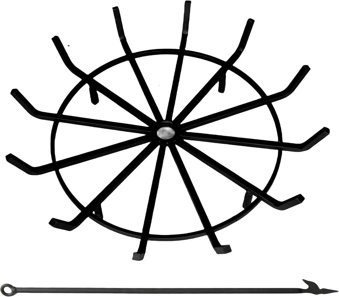 Inch Fire Pit Grate with Poker Wrought Iron Fire Pit Round Spider Wagon Wheel Firewood Heavy Duty 0.9in Bar Fireplace Stove Burning Rack Holder 4Legs (32 Inch)