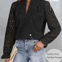 ZESICA Women's Casual Blouse Tops Puff Long Sleeve Button V Neck Hollow Out Eyelet Lace Embroidered Shirt Dressy (Black, L)