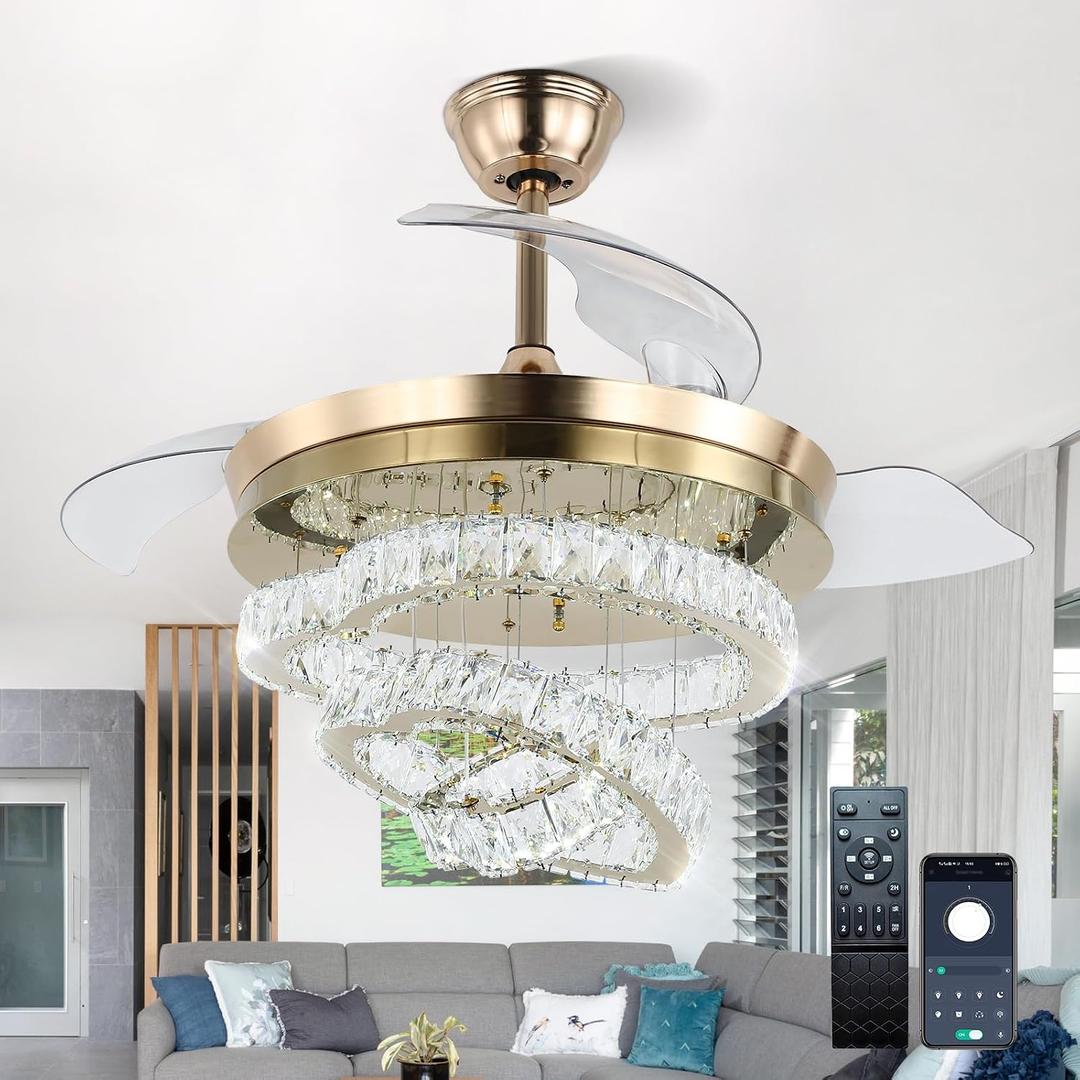 FRIXCHUR 42 Modern Crystal Chandelier Ceiling Fan LED Dimmable Fandelier Ceiling Fans with Lights and Remote, 6-Speed Reversible DIY Fans Light for Living Room Bedroom (Gold)