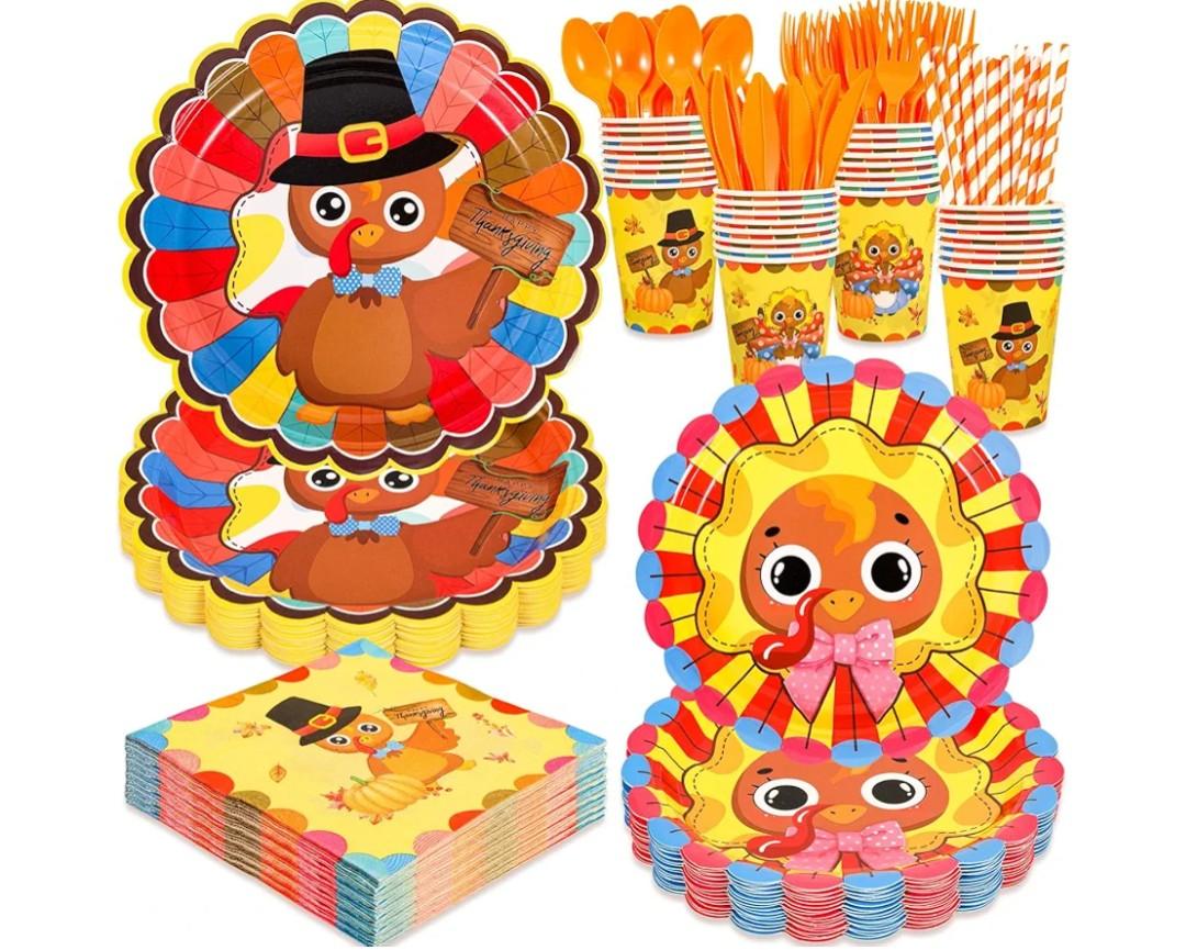 HOWAF Turkey Thanksgiving Party Supplies Kit, Turkey Dinnerware Includes Plates, Napkins, Cups, Cutlery for Autumn Fall Friendsgiving Supplies Kit, Thanksgiving Tableware for 20 Guests