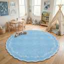 GarveeHome Round Area Rugs 6ft for Bedroom, Solid Blue Washable Circle Rug Soft Non Slip Floral Print Floor Mat Leaves Carpet Indoor Thin Rug for Living Room Dining Room Playroom Nursery
