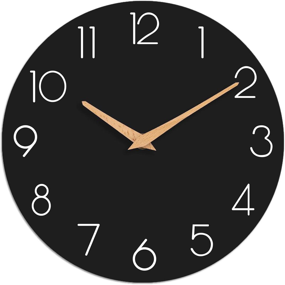 Wall Clock, 16 Inch Wooden Battery Operated Wall Clocks Silent Non-Ticking, Decorative Black Clock for Living Room, Bedroom, Kitchen, Home, Office, School, Hotel