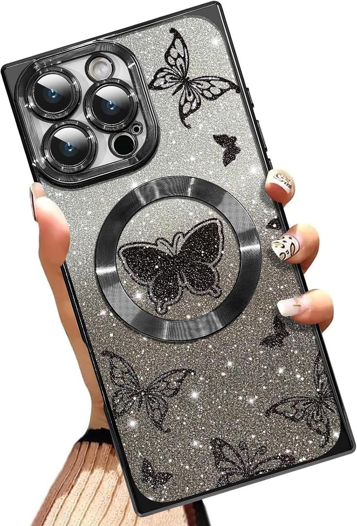 AIGOMARA Phone Case for iPhone 16 Pro Max [Compatible with MagSafe] Butterfly Design Glitter Bling Case Shockproof Scratch-Resistant Soft TPU Cover for Women - Black