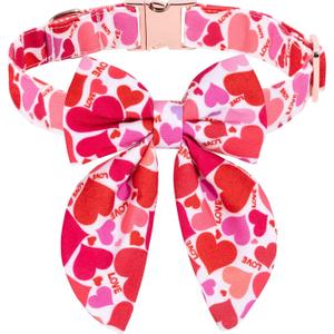 Valentine's Day Dog Collar with Bow Red and Pink Heart Printed Adjustable for Large Dogs, Durable Metal Buckle