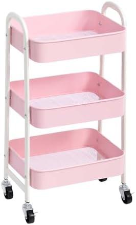 AGTEK Makeup Cart, Movable Rolling Organizer Cart, 3 Tier Metal Utility Cart, White - Pink