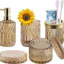 Brown Bathroom Accessories Set,5PCS Amber Glass Toothbrush Holder Set,Bathroom Soap Dispenser Set,Cotton Swab Jar,Soap Dish,Housewarming Décor Gift