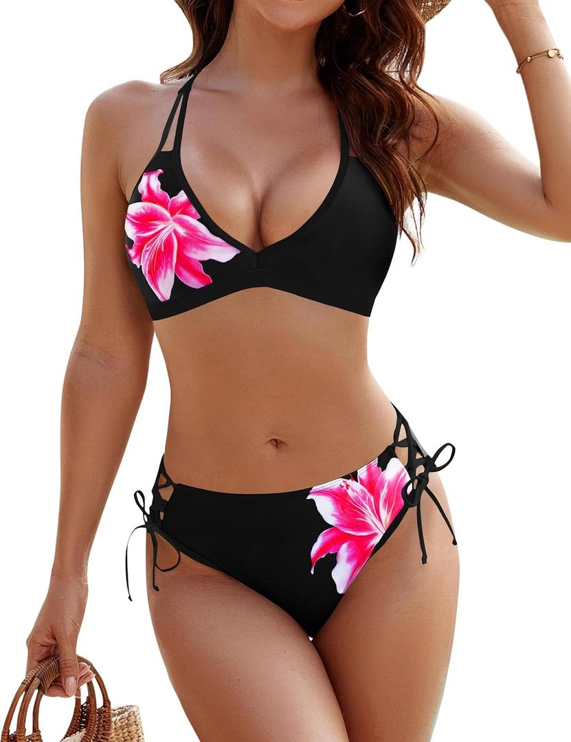 Blooming Jelly Women's Bikini Set Two Piece Swimsuit Triangle Top String Mid Rise Bottom Cheeky Bathing Suit (Black Floral) S