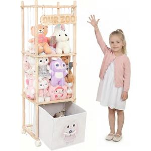 Stuffed Animal Storage with Removable Fabric Bins & Locking Wheels, 2-in-1 Wooden Toy Organizer and Display Shelf - Space-Saving for Playroom, Bedroom, Nursery