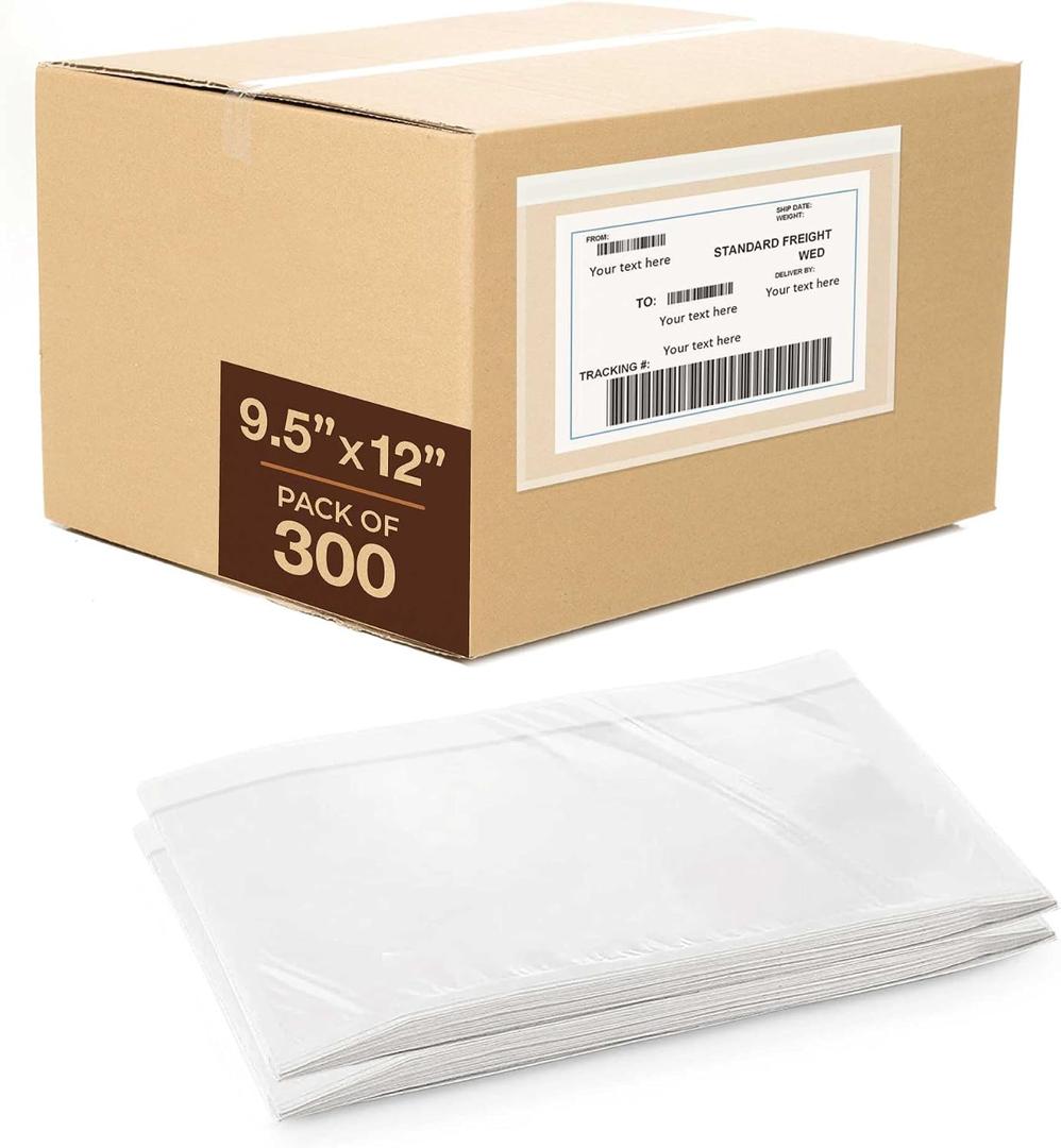 300 Pack, Shipping Label Sleeves - 3.12 Mil Premium Clear 9.5'' x 12'' Strong Adhesive Back Envelopes for Secure Package Labelling Fit for 8.5'' x 11'' Letter Size Paper, WaterProof and Durable