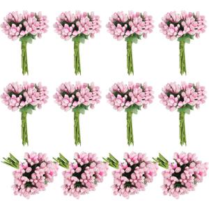 PATIKIL Mini Artificial Pip Berry Picks Bunch, 144Pcs Fruit Flower Stamens for Craft DIY Wreaths Wedding Floral Arrangements Decoration, Pink
