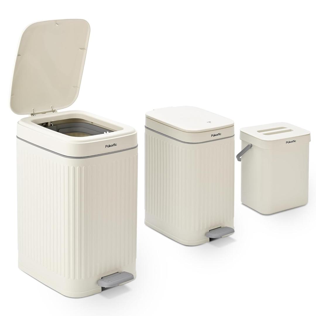 Pukomc 3 Pack Bathroom Trash Can with LidSmall Trash Cans Bedroom3.7 Gallon Slim Soft Close Garbage CanStep Wastebasket Container Trash Bin for Office Bedroom Kitchen Living Room (Beige)