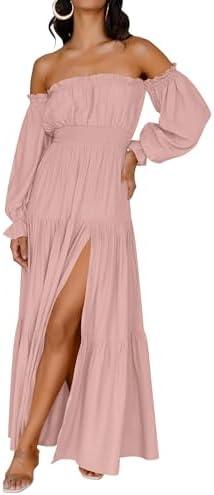ZESICA Women's 2025 Boho Sexy Off Shoulder Long Sleeve Smocked High Waist Side Split Flowy A Line Tiered Long Maxi Dress, Size L, Pink