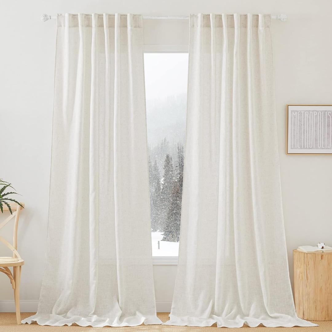 RYB HOME Semi Sheer Curtains 102 inches Long, Back Tab Light Filtration Half Privacy Window Curtains & Drapes for Bedroom Living Room, Linen, W 52 x L 102 inches, 2 Panels Set