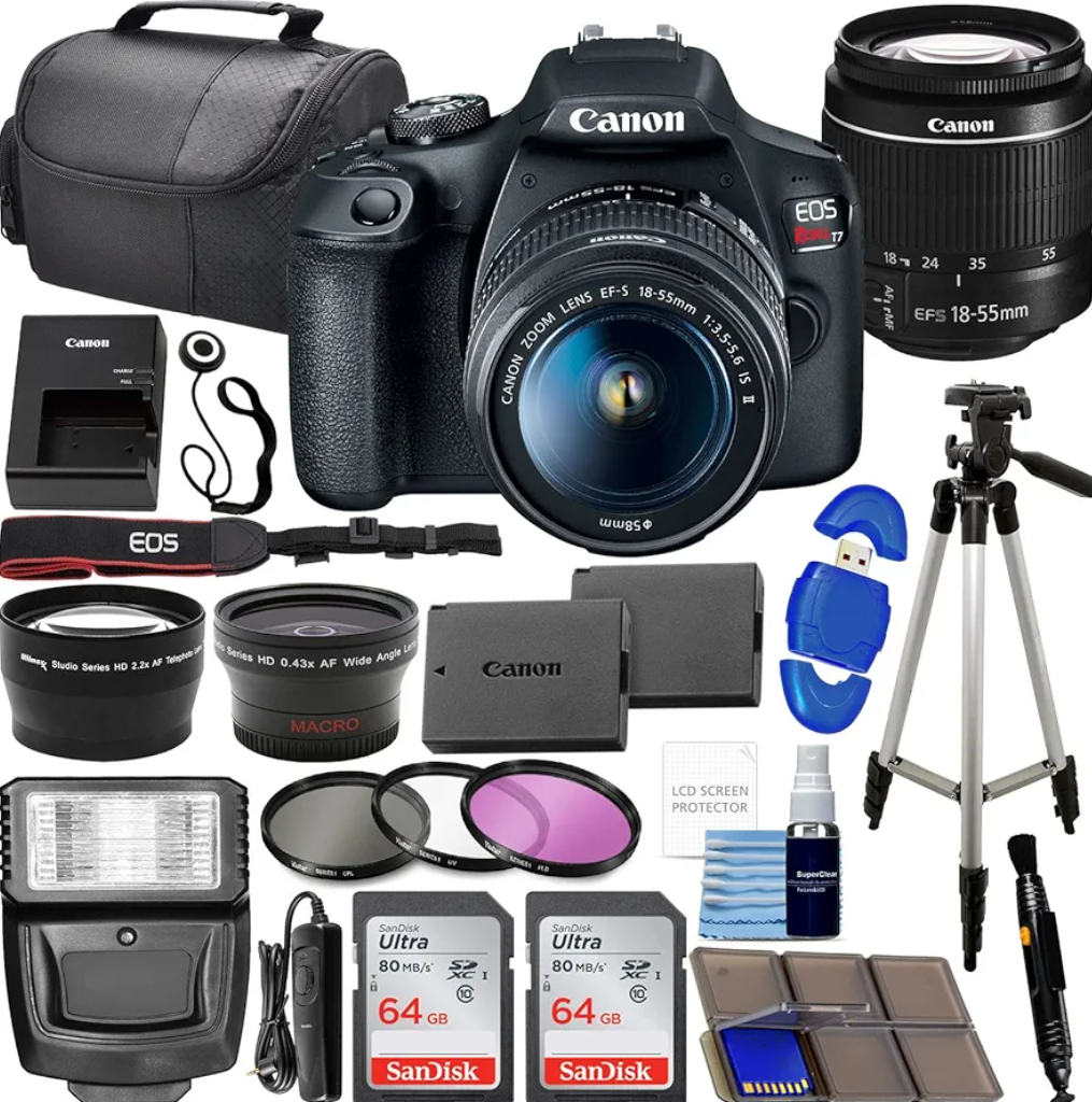 Canon EOS Rebel T7 DSLR Camera w/EF-S 18-55mm f/3.5-5.6 IS II Lens Bundle with 2x 64GB Memory Cards + Wide Angle & Telephoto Lenses + Pro Kit Black