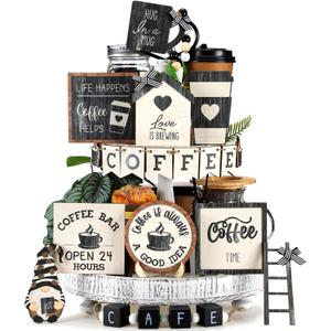 Mifoci 17 Pcs Coffee Tiered Tray Decorations Wooden Coffee Bar Decor Farmhouse Bar Accessories Gnome Wooden Table Sign for Table Kitchen Winter Valentines Gift