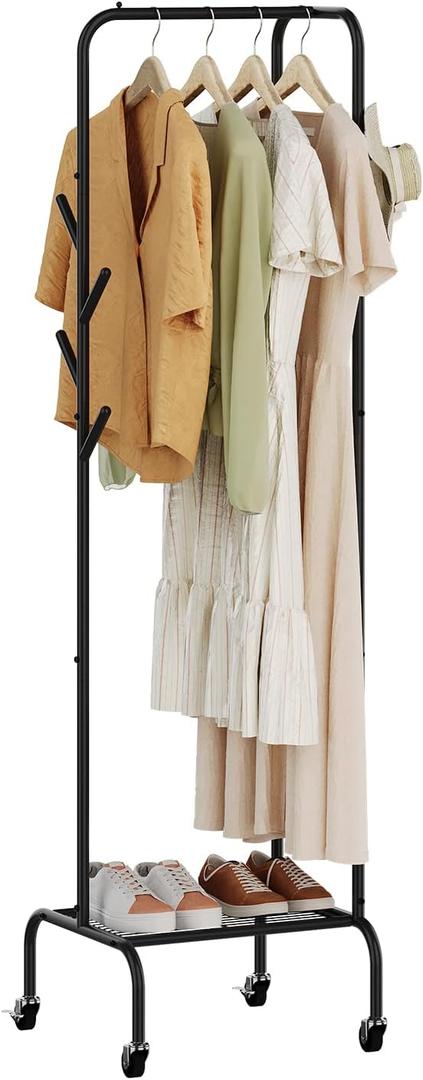 Modern Bamboo Coat Rack, Freestanding with 2 Shelves, 5 Hooks, Rotating Design, Heavy Duty Stand for Entryway, Living Room, 72x24x24 Inches (Black)
