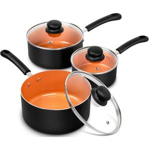 MICHELANGELO Nonstick Sauce Pan with Lid 1QT, 2QT & 3QT, Ceramic Saucepan Set, Copper Sauce pans, Non-Toxic Saucepan, Multipurpose Cooking Pots Set For Home Kitchen, Compatible induction