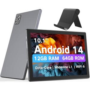 Android Tablet 10.1 Inch, 2025 Android 14 Tablets with Octa-Core CPU, 12GB RAM + 64GB ROM (2TB Expand), Wi-Fi 6 BT 5.0 Tablet PC Long-Life Battery HD Touchscreen Tablets for Adult(Gray)