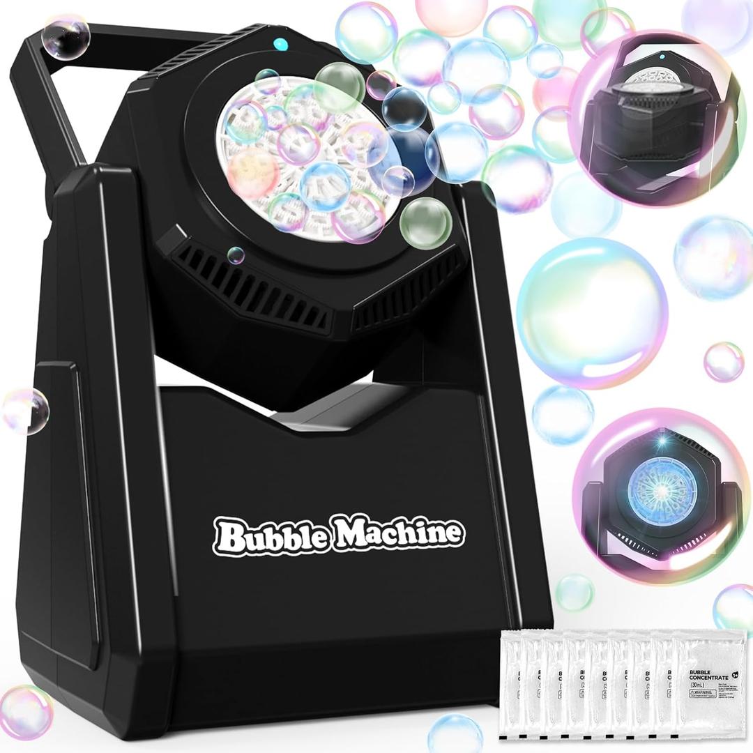 Bubble Machine, Automatic Bubbles Blower for Kids Toddlers, 360 Leak-Proof & 90 Adjustment Battery Operated Bubble Toys with LED Light - Gifts for Boys, Girls, Outdoor, Birthday, Halloween Party (Black)
