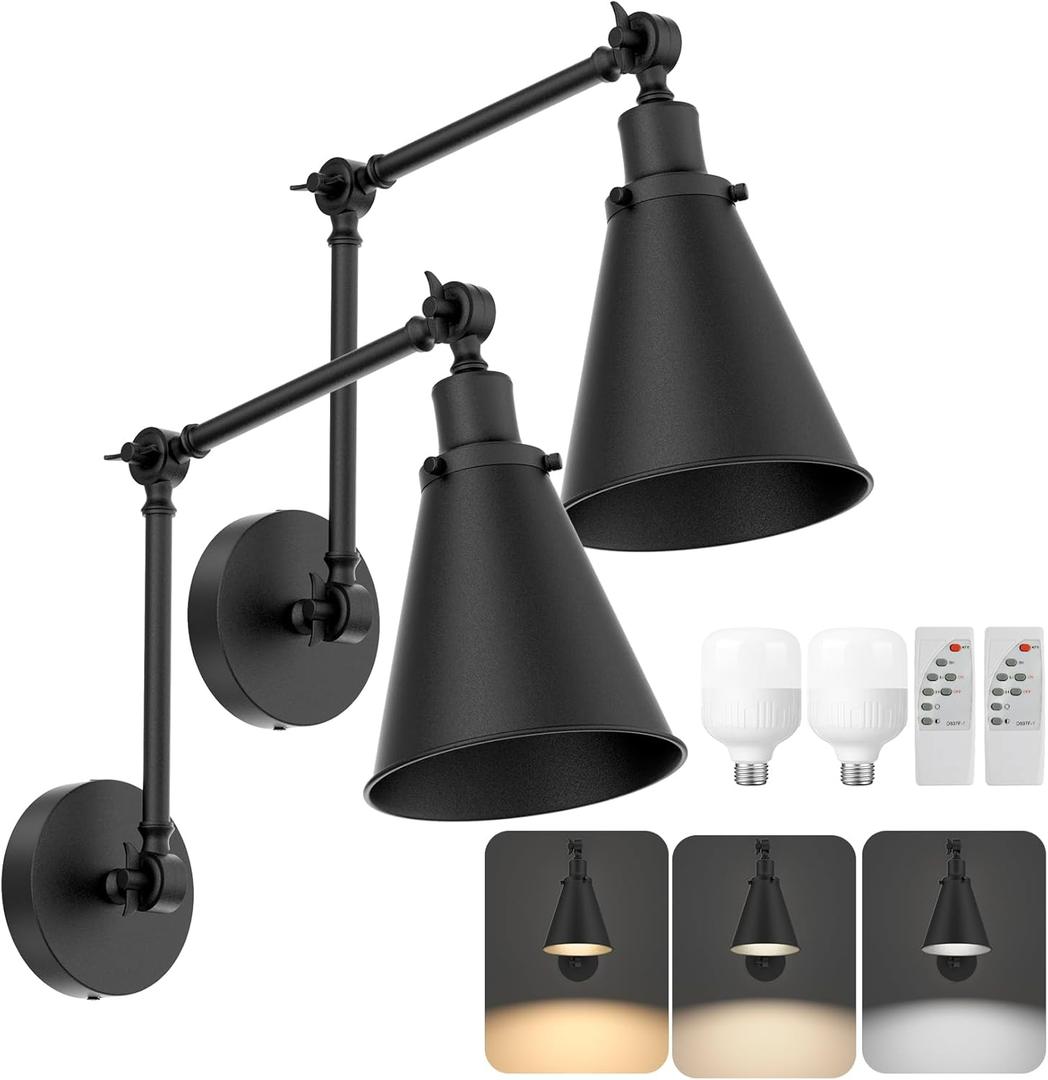 2-Pack Battery Operated Swing Arm Led Wall Sconces with Remote & 5500mAh Rechargeale Light Bulbs, 3-Color Dimmable Indoor Non-Hardwired Metal Wall Light for Bedroom Living Room Kitchen(Black)