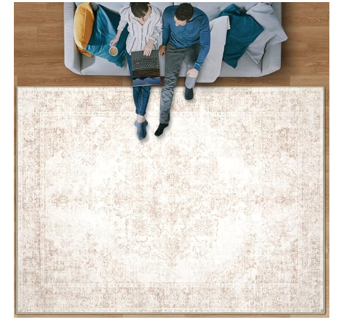Area Rug 9x12 Vintage Rug: Large Washable Indoor Medallion Rugs Low Pile Distressed Floor Carpet Retro Accent Rug for Living Room Bedroom Kitchen Dining Table Home Office(Retro Beige, 9'x12')