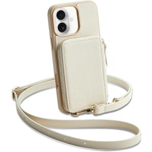 ZVE for iPhone 17 Case Wallet with Card Holder, Crossbody Phone Puese with Wrist Strap for Women 6.3" Beige