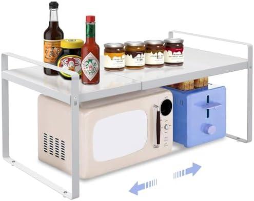 KOMOHOM Expandable Cabinet Shelf Organizer Rack 9 inch, Pantry Organizer Lengthen from 14” to 25” ， Large Kitchen Cabinet Storage Shelf Rack， Storage Organizer white，Spice Rack Expandable Shelves,
