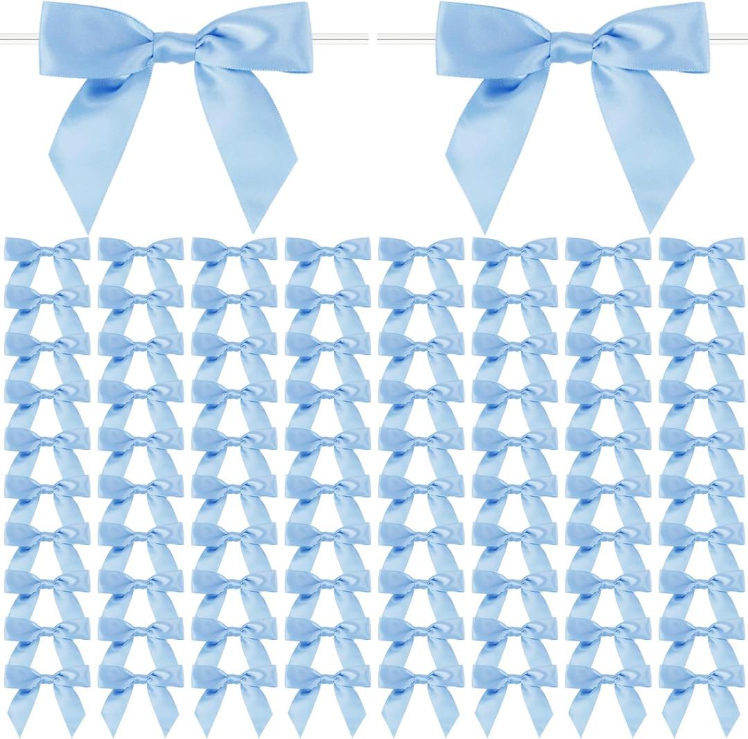 Christmas Twist Tie Bows, 100 Pcs Satin Twist Tie Bows for Treat Bag Satin Ribbon Tie Bows for Tying Up Packages Present Bags Bakery Candy Bags Decorating Ribbon Bow Gift Wrap Bows (Dusty Blue)