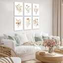 6Pcs Watercolor Flower Wall Art Colorful Wildflowers Canvas Botanical Prints Neutral Floral Poster Neutral Vintage Picture Boho Painting Minimalist Bouquet Wall Decor for Living Room Bedroom Framed (yellow)