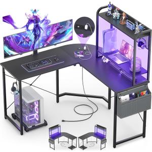 Besiost Small L Shaped Gaming Desk with Power Outlets, Corner Gaming Desk with LED Light, Reversible L-Shaped Desks with Monitor Stand & Hutch, L Shape Desks with Storage Bag, Black