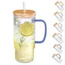 erichbow 32oz Ribbed Glass Cup with Handle Bamboo Lid and Straw, Glass Tumbler, Iced Coffee Cups Hot/Cold Drinks (Azure Handle)