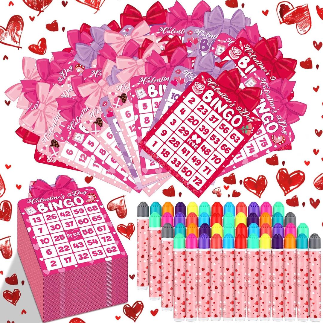 Eersida 192 Pack Valentine's Day Bingo Game Cards and 0.4 oz Dot Daubers Set Include 144 Bingo Cards 48 Dot Markers Galentine's Day Game Supplies for Love Gift Party Favor Family Play Night Activitie