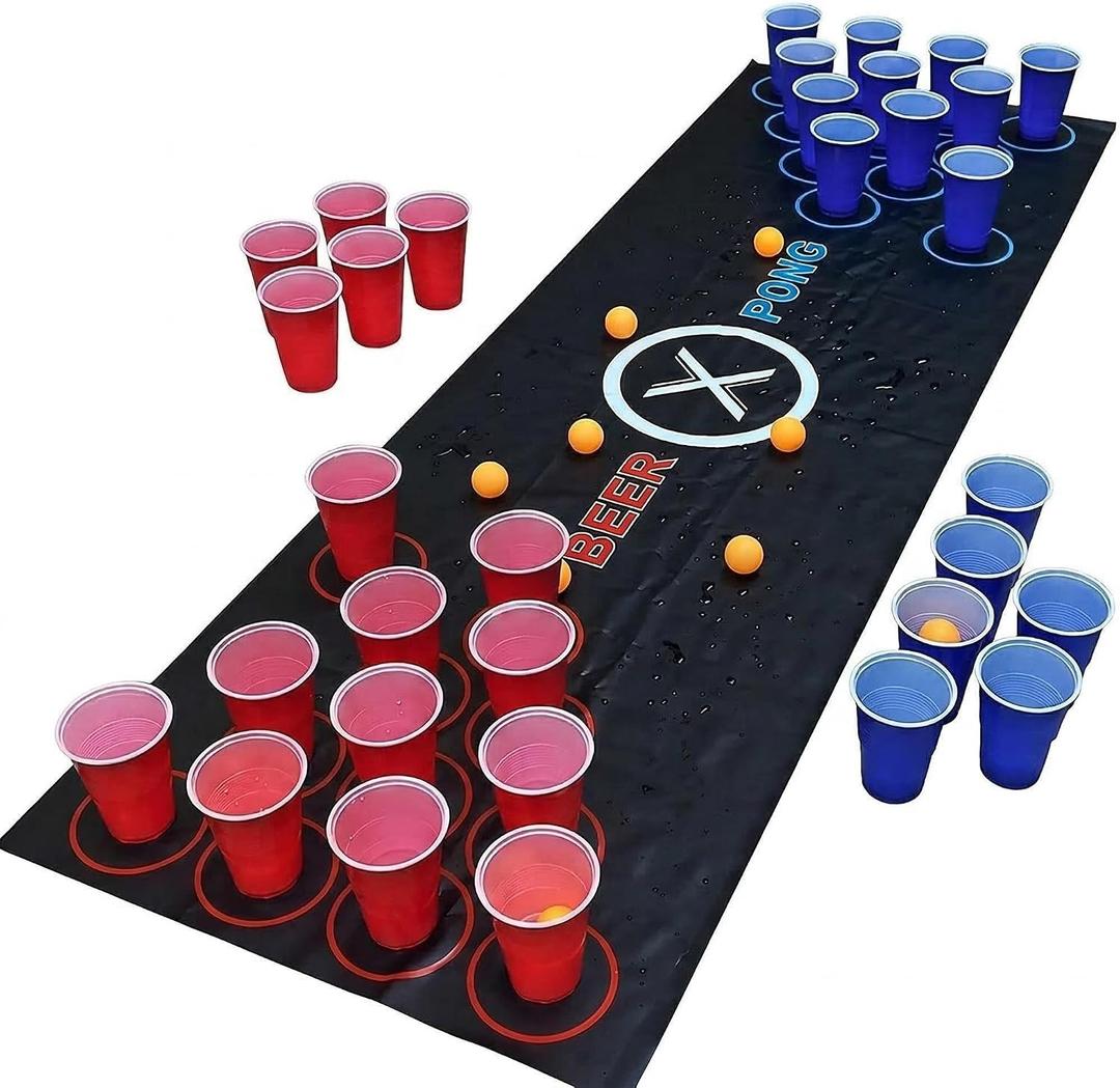 Beer Pong Game Set, 150x50cm Anti-Slip Mat, Full Party Kit with 30 Cups (15 Red/15 Blue) & 7 Ping Pong Balls for Party Dorm Outdoor