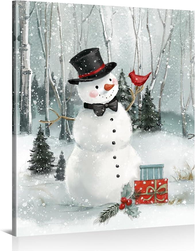 1 KINGO Snowman Christmas Wall Art Decor: Merry Christmas Posters Canvas Wall Hangings Winter Scene Picture Cardinal Bird Prints Paintings Xmas Holiday Living Room Home Decor Aesthetic 12"x15