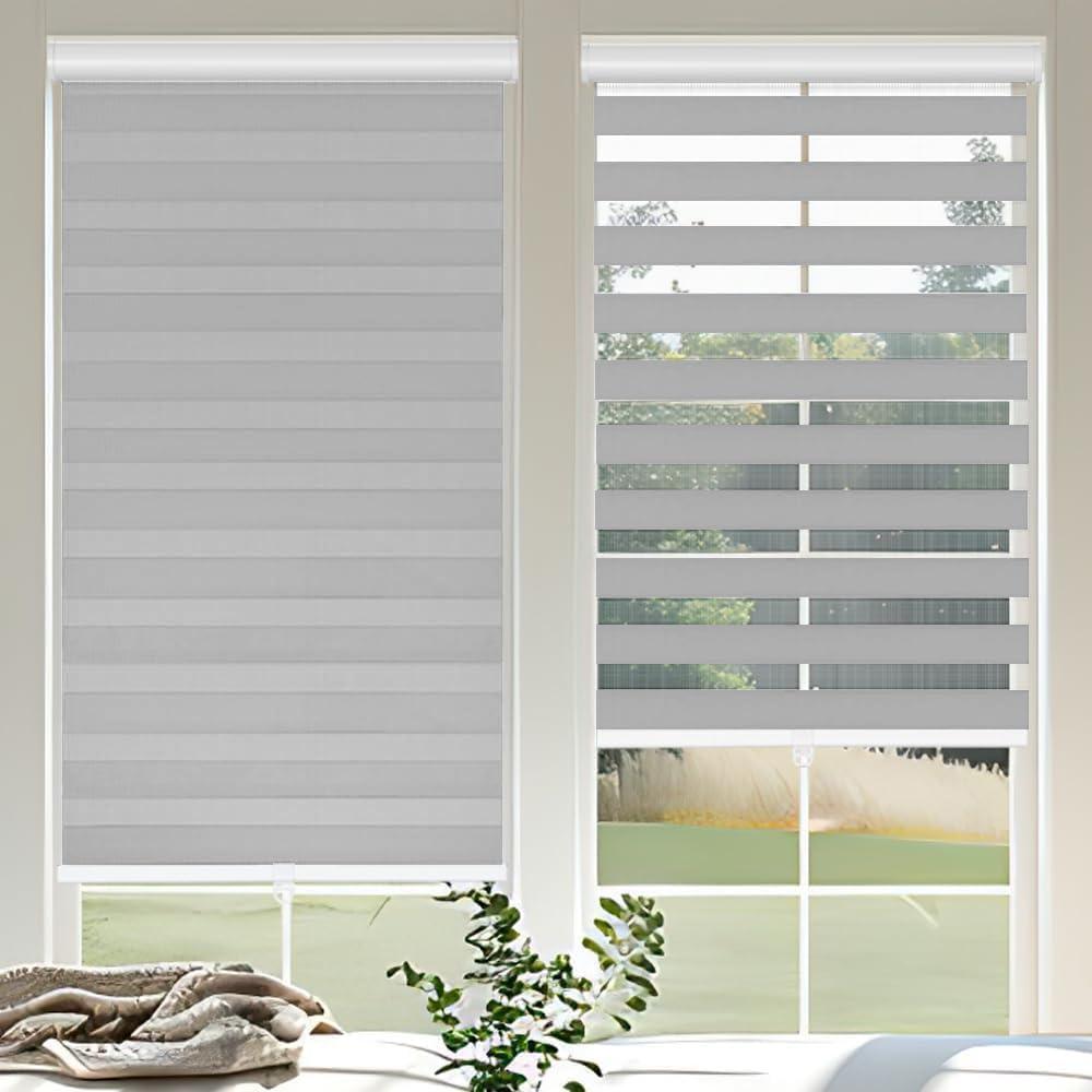 Cordless Zebra Blinds for Windows, 37" W x 72" H Zebra Roller Shades with Valance Free Stop Zebra Roller Shades, Light Control Window Treatments Dual Layer Sheer Blinds for Day and Night, Grey (Gray)