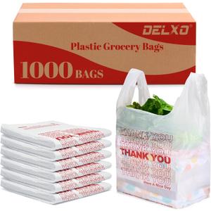 Delxo Grocery Bags Thank You Plastic T-Shirt Bag (1000 Count), White Supermarket Shopping Bags with Handles for Restaurant, Retail, To Go, Takeout, Convenience Stores 11.5 x 6.5 x 21 In