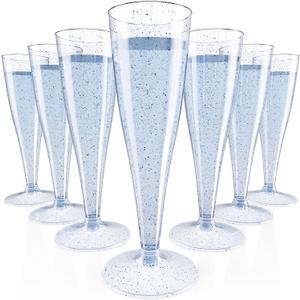 JOLLY CHEF 100 Pack Plastic Champagne Flutes Disposable 4.5 oz Blue Glitter Plastic Champagne Glasses Perfect for Wedding, Thanksgiving Day, Christmas